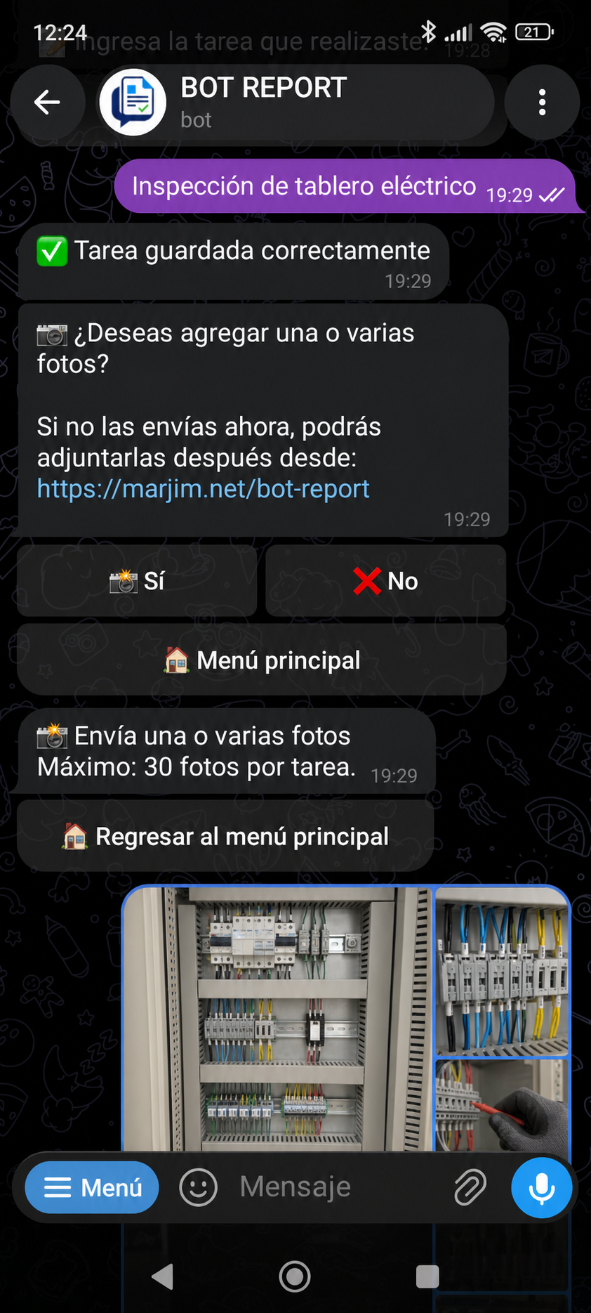 Conversación ficticia con Bot Report en Telegram registrando una inspección y fotografías